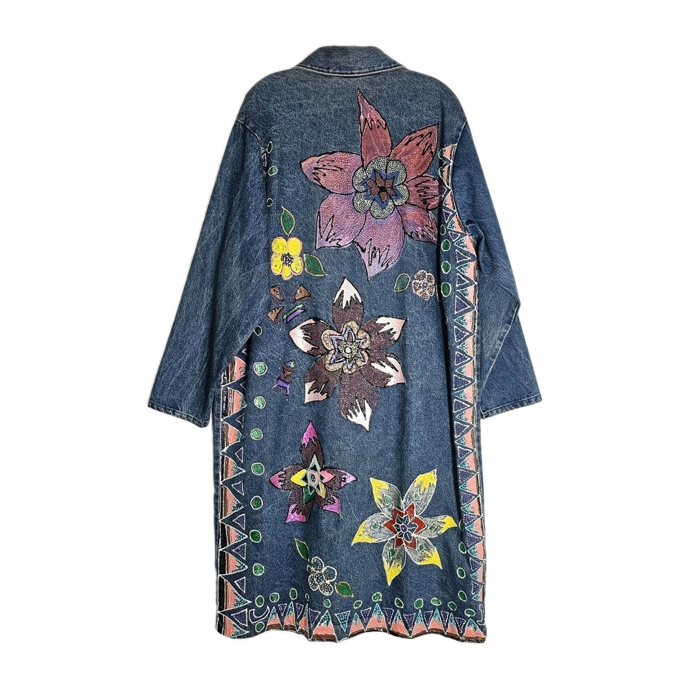 Vintage Carlyle Denim Jacket Womens Large Blue Duster Hand Painted Festival Art